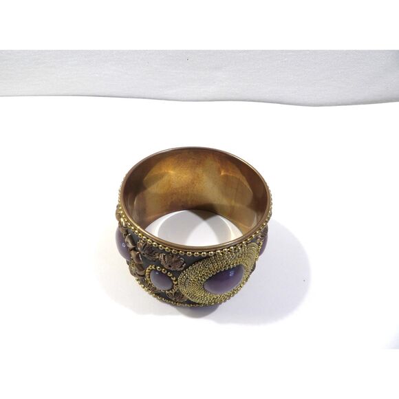 Brass purple beaded wide bangle bracelet, 8" length, missing stone - Picture 7 of 11